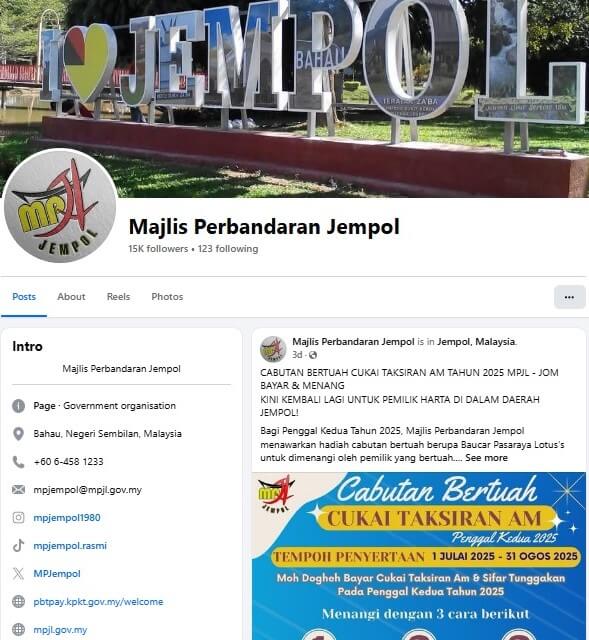 Tangkapan skrin laman Facebook rasmi Majlis Perbandaran Jempol (Jempol Municipal Council)