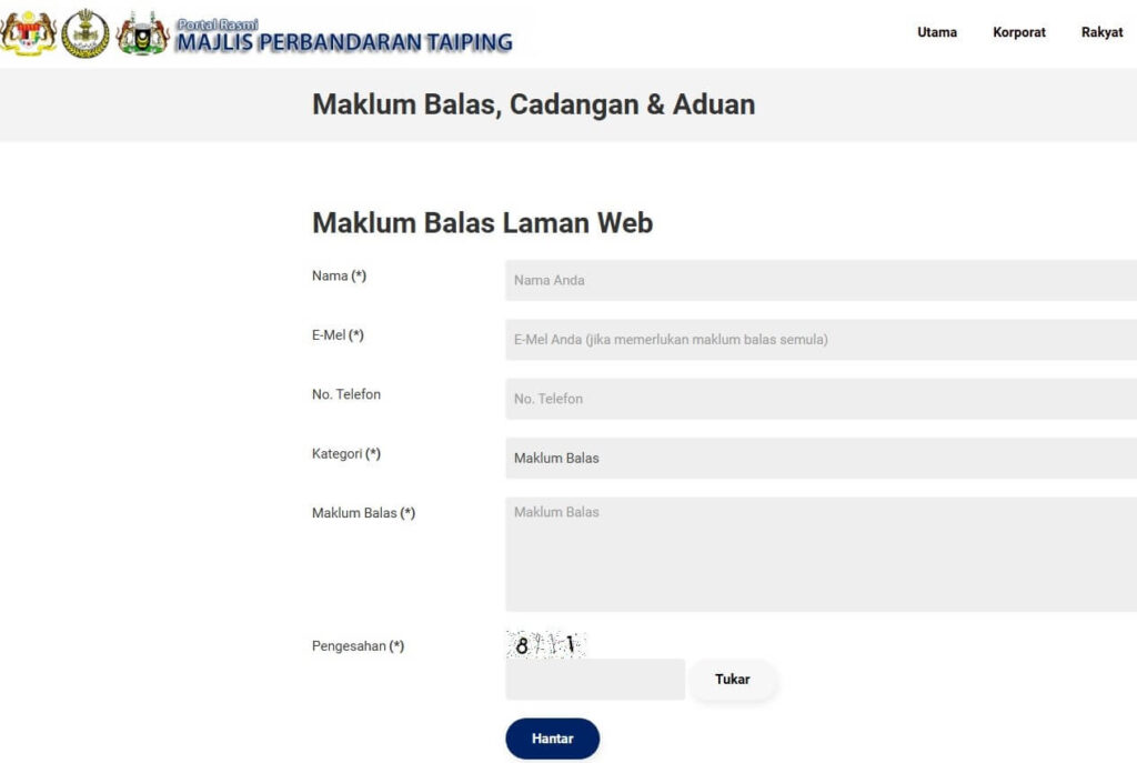 Tangkapan skrin laman web rasmi Majlis Perbandaran Taiping (Taiping Municipal Council) menunjukkan borang dalam talian bertajuk "Maklum Balas Laman Web" dengan tajuk "Maklum Balas, Cadangan & Aduan"