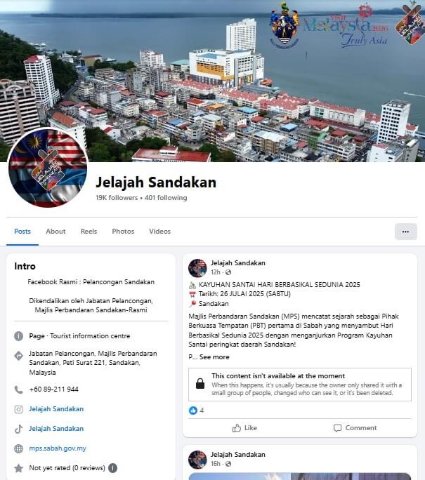 Tangkapan skrin laman Facebook rasmi 'Jelajah Sandakan', yang diuruskan oleh Jabatan Pelancongan Majlis Bandaraya Sandakan, menunjukkan pemandangan udara bandar Sandakan sebagai foto muka depan, bilangan pengikut, butiran hubungan dan catatan terkini mengenai Hari Basikal Sedunia 2025