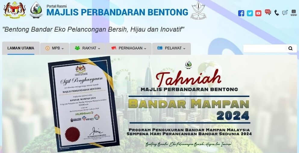 Tangkapan skrin Portal Rasmi Majlis Perbandaran Bentong, yang memaparkan visi majlis: "Bentong Bandar Eko Pelancongan Bersih, Hijau dan Inovatif"