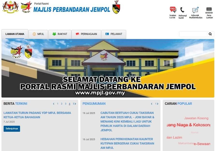 Tangkapan skrin halaman utama laman web rasmi (portal rasmi) Majlis Perbandaran Jempol