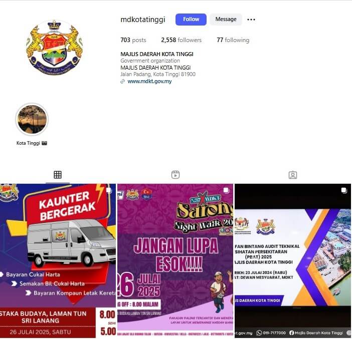 Tangkapan skrin profil Instagram rasmi Majlis Daerah Kota Tinggi (mdkotatinggi). Profil tersebut memaparkan lambang majlis, nama "MAJLIS DAERAH KOTA TINGGI", klasifikasinya sebagai "Institusi Kerajaan", dan alamat/laman webnya
