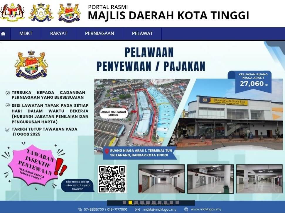 Tangkapan skrin laman web rasmi (portal rasmi) Majlis Daerah Kota Tinggi mengiklankan tender penyewaan/pemajakan ruang perniagaan