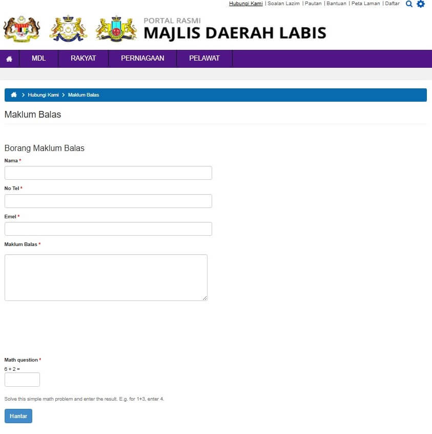 Tangkapan skrin borang maklum balas di laman web rasmi Majlis Daerah Labis, bertajuk "Maklumat Balas"
