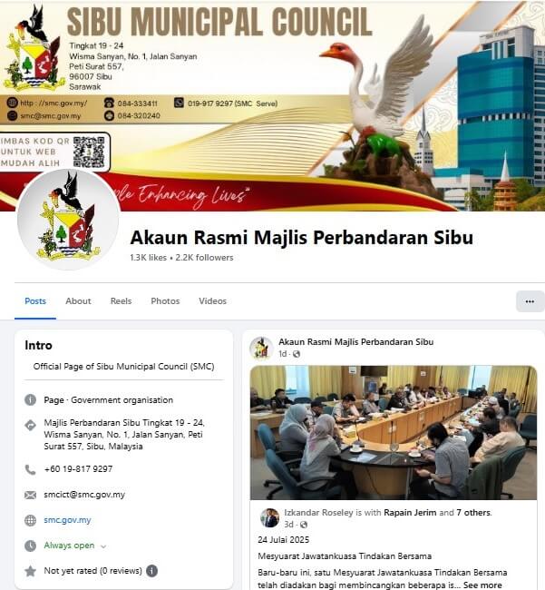 Tangkapan skrin laman Facebook rasmi Sibu Municipal Council (SMC), yang menunjukkan gambar muka depan dengan logo SMC dan patung angsa, maklumat hubungan (alamat, nombor telefon, e-mel, laman web), dan siaran mengenai 'Mesyuarat Jawatankuasa Tindakan Bersama'