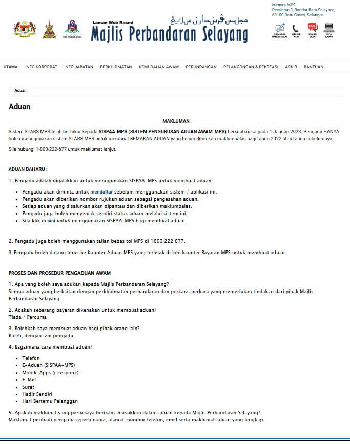 Tangkapan skrin laman web rasmi Majlis Perbandaran Selayang memperincikan 'Proses dan Prosedur Aduan Awam', yang menyebut peralihan daripada sistem STARS kepada sistem SISPAA-MPS untuk memfailkan aduan baharu bermula 1 Januari 2023