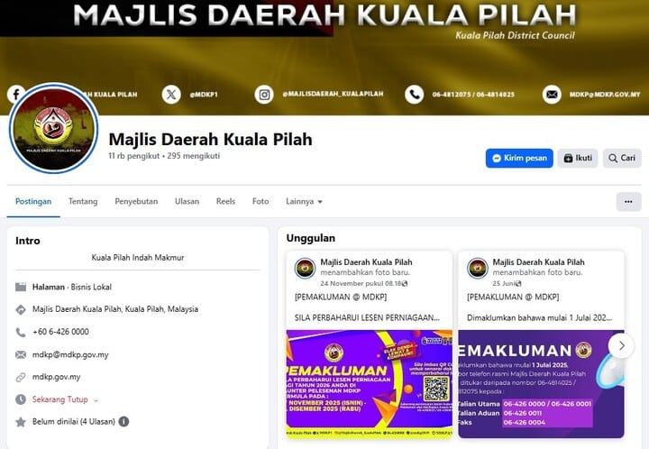 Tangkapan skrin laman Facebook rasmi Majlis Daerah Kuala Pilah. Foto muka depan memaparkan nama dan logo majlis, manakala bahagian "Pengenalan" halaman menyenaraikan lokasi, nombor telefon (+60 6-426 0000), e-mel (mdkp@mdkp.gov.my), dan laman web (mdkp.gov.my)