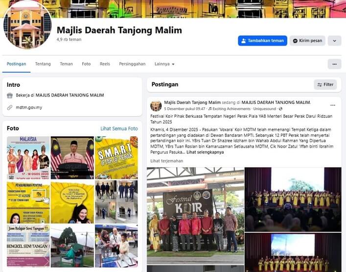 Halaman profil Facebook Majlis Daerah Tanjong Malim, memaparkan logo mereka, catatan terkini dan galeri foto promosi