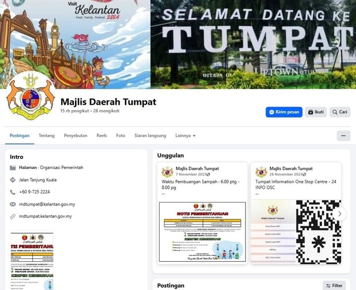 Halaman Facebook rasmi Majlis Daerah Tumpat. Halaman Facebook itu memaparkan sepanduk yang berbunyi "SELAMAT DATANG KE TUMPAT" dan logo majlis, maklumat hubungan, dan dua siaran yang ditampilkan: pengumuman pelupusan sisa dan kod QR untuk Pusat Maklumat Bersepadu Tumpat