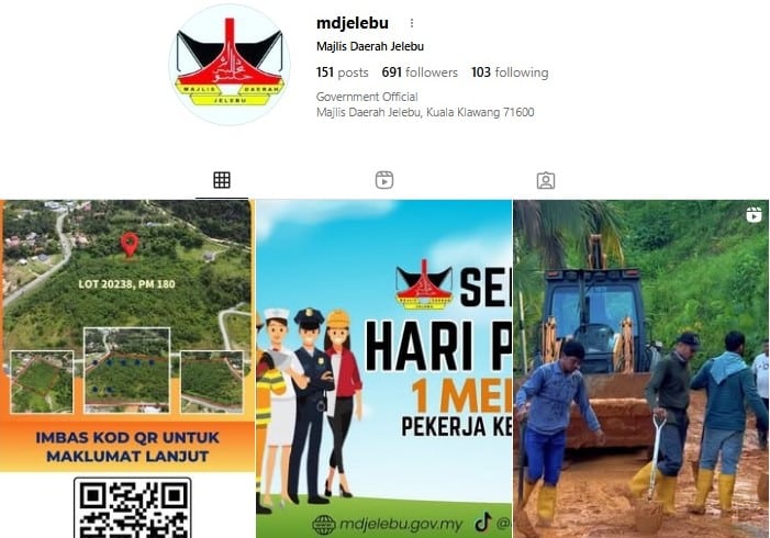 Tangkapan skrin profil Instagram untuk Majlis Daerah Jelebu, akaun rasmi Kerajaan. Profil tersebut memaparkan logo, nama pengguna @mdjelebu dan statistik mereka: 151 posts, 691 followers, and 103 following