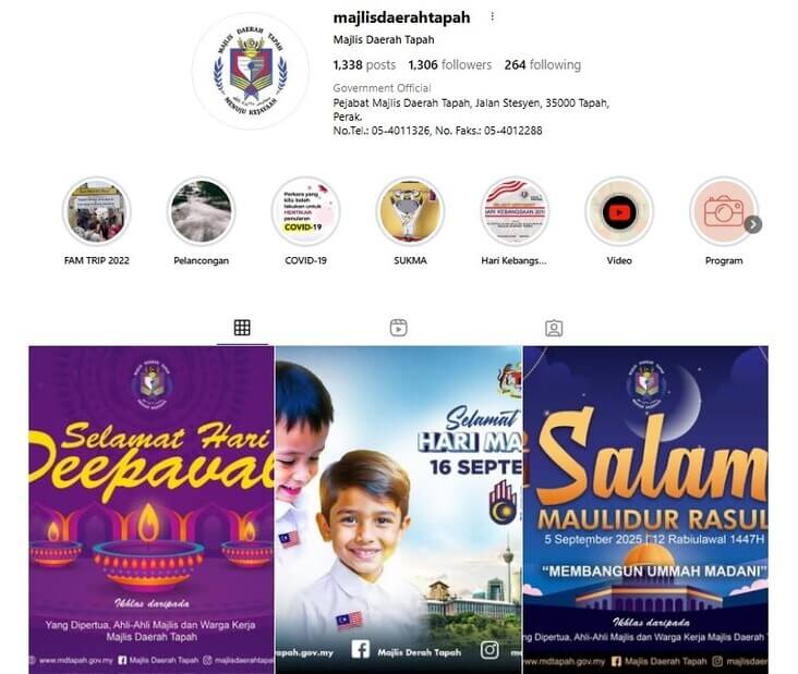 Profil Instagram "Majlis Daerah Tapah" yang memaparkan biodata rasmi mereka, maklumat hubungan, cerita yang diketengahkan (termasuk FAM TRIP 2022, Pelancongan, COVID-19, SUKMA, Hari Kebangsaan), dan siaran terbaru yang mengucapkan "Selamat Hari Deepavali", "Selamat Hari Malaysia 16 Septembe", dan "Salam Maulidur Rasul"
