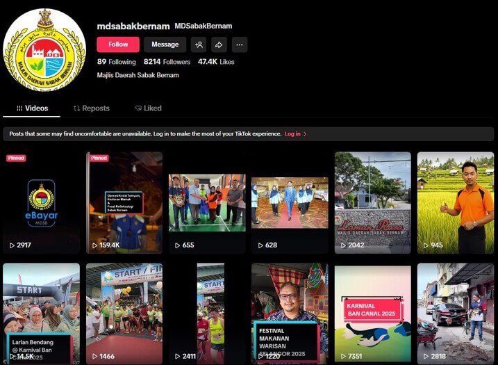 Tangkapan skrin profil akaun TikTok rasmi "Majlis Daerah Sabak Bernam", menunjukkan logo, nama pengguna (@mdsabakbernam), dan statistik: 89 following, 8214 followers, and 47.4K likes