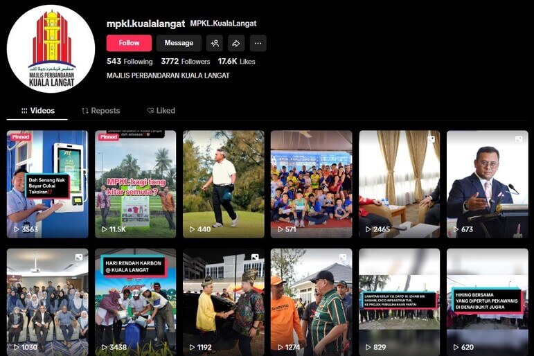 Tangkapan skrin profil akaun TikTok rasmi "Majlis Perbandaran Kuala Langat", menggunakan pemegang @mpkl.kualalangat. Profil tersebut memaparkan logo mereka, nama "MPKL Kuala Langat," dan statistik: 543 following, 3772 followers, dan 17.6K suka. Di bawah butiran profil mereka, grid video yang telah mereka muat naik dipaparkan, termasuk video terbenam dan kandungan terbaru yang berkaitan dengan aktiviti tempatan, acara dan kitar semula