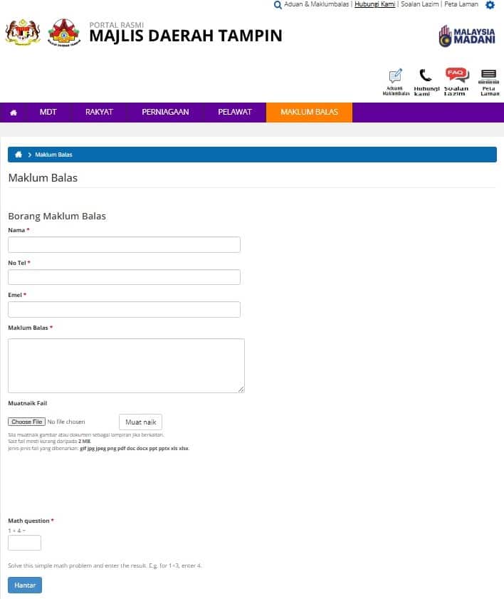 Tangkapan skrin borang maklum balas rasmi di laman web Majlis Daerah Tampin, yang memaparkan medan untuk Nama, Telefon, E-mel, Teks Maklum Balas, Muat Naik Fail dan soalan keselamatan matematik