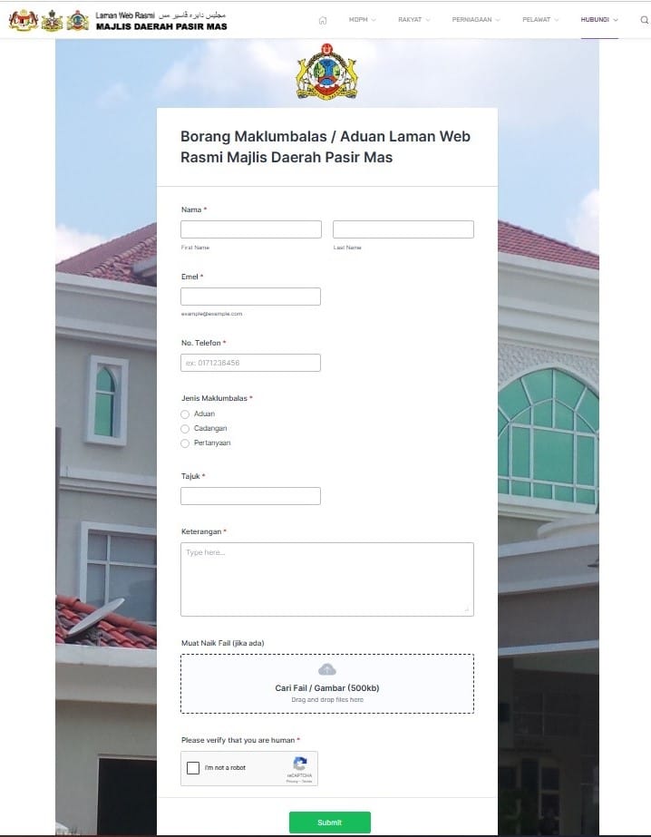 Tangkapan skrin input dan borang aduan di laman web rasmi Majlis Daerah Pasir Mas, bertajuk "Borang Maklumbalas / Aduan Laman Web Rasmi Majlis Daerah Pasir Mas"