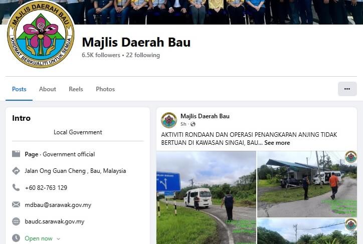 Tangkapan skrin halaman Facebook Majlis Daerah Bau, menunjukkan foto profil mereka, foto muka depan, dan butiran penting