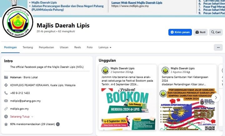 Tangkapan skrin laman Facebook rasmi Majlis Daerah Lipis, menunjukkan gambar profil, nama, pengenalan dengan butiran perniagaan (alamat, telefon, e-mel, laman web), dan dua pratonton siaran terkini