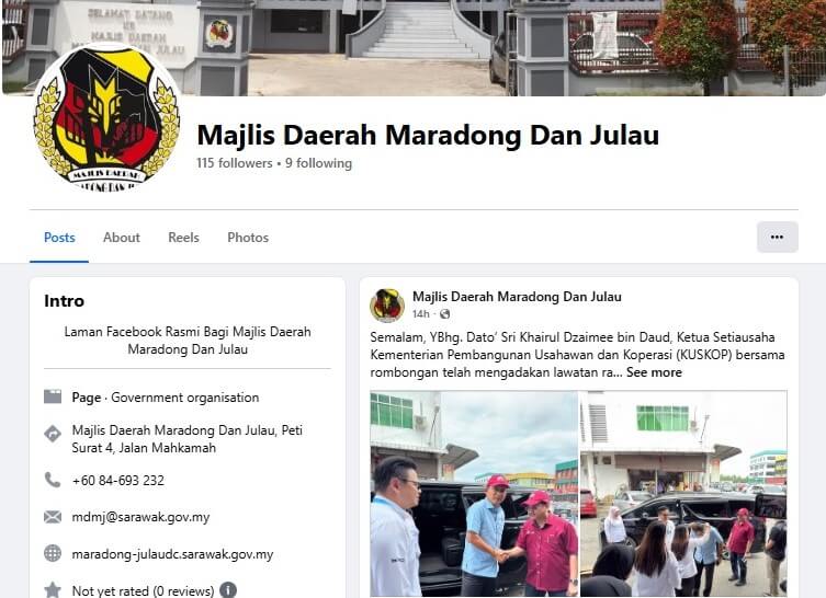 Tangkapan skrin laman Facebook rasmi Majlis Daerah Maradong & Julau, sebuah organisasi kerajaan di Sarawak. Halaman tersebut memaparkan logo majlis, foto muka depan bangunan mereka, dan catatan terbaru mengenai lawatan wakil daripada Kementerian Pembangunan Usahawan dan Koperasi (KUSKOP)