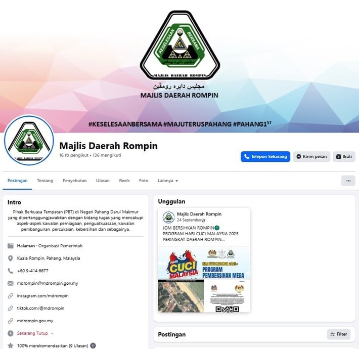 Tangkapan skrin laman Facebook rasmi Majlis Daerah Rompin, menunjukkan foto profil, foto muka depan dengan hashtag, maklumat hubungan asas, dan siaran terkini mengenai 'Program Hari Cuci Malaysia 2025'