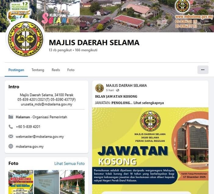 Tangkapan skrin laman Facebook Majlis Daerah Selama (MDS). Halaman tersebut memaparkan imej sepanduk bandar luar bandar dan logo Majlis