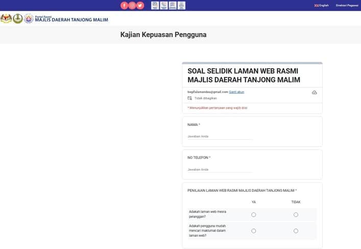Tangkapan skrin laman web (portal rasmi) yang memaparkan borang "Kajian Kepuasan Pengguna" untuk laman web rasmi Majlis Daerah Tanjong Malim (Tanjong Malim District Council)