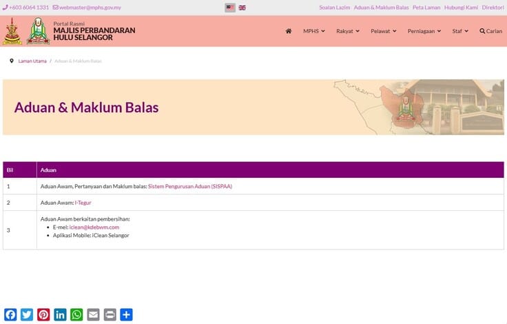 Tangkapan skrin laman web rasmi "Majlis Perbandaran Hulu Selangor", menunjukkan halaman "Aduan & Maklum Balas". Halaman tersebut menyenaraikan tiga saluran aduan utama: “Aduan Awam, Pertanyaan dan Maklum Balas: Sistem Pengurusan Aduan (SISPAA),” “Aduan Awam: i-Tegur,” dan “Aduan Berkaitan Pembersihan” yang merangkumi alamat e-mel dan apl mudah alih “iClean Selangor.”