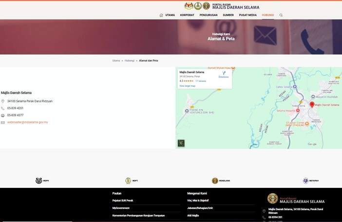 Imej menunjukkan halaman "Alamat & Peta" di laman web rasmi Majlis Daerah Selama (MDS) di Perak, Malaysia