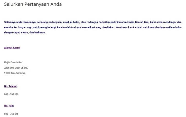 Tangkapan skrin halaman hubungan Contact Us "Salurkan Pertanyaan Anda" untuk Majlis Daerah Bau
