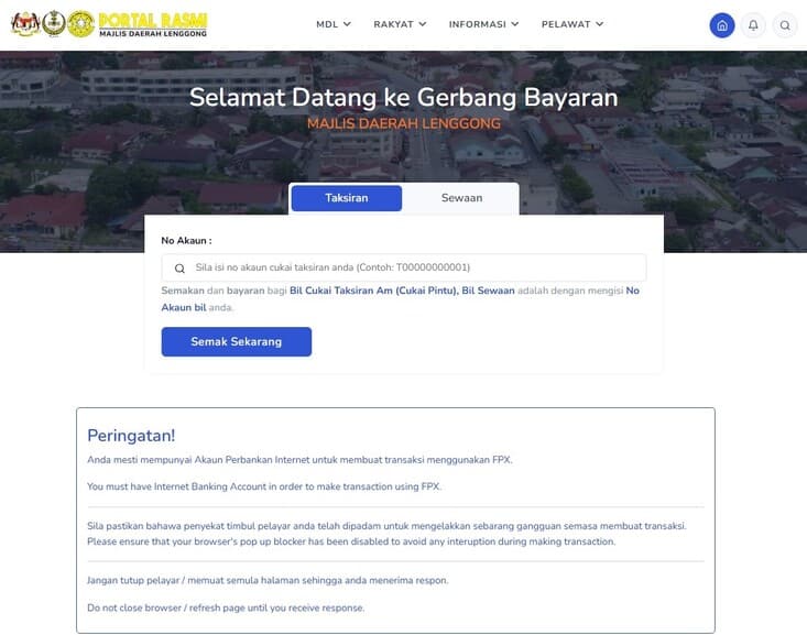 Tangkapan skrin gerbang pembayaran rasmi untuk laman web Majlis Daerah Lenggong. Halaman tersebut bertajuk "Selamat Datang ke Gerbang Bayaran" dan membolehkan pengguna mencari dan membayar "Taksiran" atau "Sewaan"