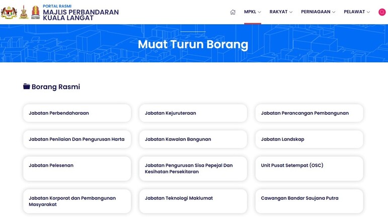 Tangkapan skrin laman web rasmi "Majlis Perbandaran Kuala Langat" menunjukkan halaman "Muat Turun Borang". Halaman ini menyenaraikan kategori borang rasmi, termasuk "Jabatan Perbendaharaan," "Jabatan Kejuruteraan," "Jabatan Perancangan Pembangunan," "Jabatan Penilaian dan Pengurusan Harta," "Jabatan Kawalan Bangunan," "Jabatan Landskap," "Jabatan Pelesenan," "Jabatan Pengurusan Sisa Pepejal Dan Kesihatan Persekitaran," "Unit Pusat Setempat (OSC)," "Jabatan Korporat dan Pembangunan Masyarakat," "Jabatan Teknologi Maklumat," dan "Cawangan Bandar Saujana Putra.”