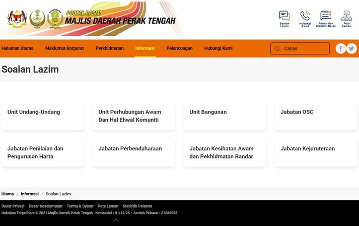 Tangkapan skrin halaman "Soalan Lazim" di portal rasmi Majlis Daerah Perak Tengah (MDPT), yang memaparkan pautan kepada Soalan Lazim untuk pelbagai jabatan seperti Unit Undang-undang, Unit Bangunan, Jabatan OSC, dan lain-lain