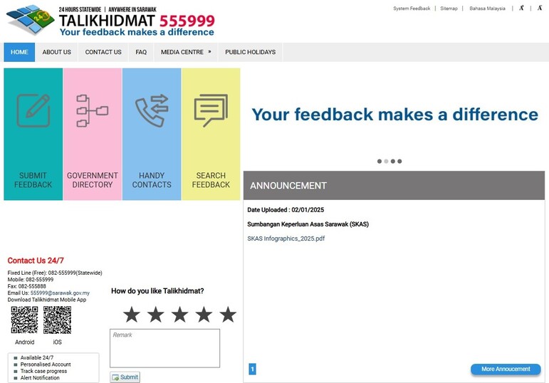 Tangkapan skrin laman web Talikhidmat 555999, portal maklum balas kerajaan Sarawak, memaparkan slogan "Your feedback makes a difference." Halaman ini termasuk empat butang navigasi utama berwarna-warni untuk "Submit Feedback," "Government Directory," "Handy Contacts," dan "Search Feedback."