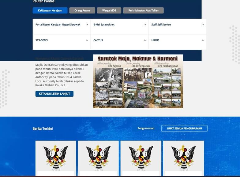 Tangkapan skrin laman web rasmi Majlis Daerah Saratok, menunjukkan menu navigasi dengan "Pautan Pantas" untuk Perkhidmatan Kerajaan, Awam, Warga MDS dan Perkhidmatan Dalam Talian, yang merangkumi pautan ke Portal Kerajaan Sarawak dan e-mel