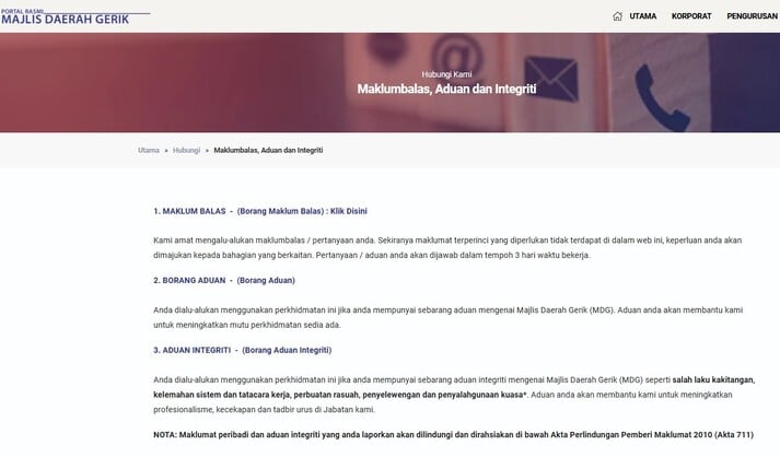 Portal rasmi yang memperincikan tiga borang perkhidmatan untuk Majlis Daerah Gerik: Borang Maklum Balas, Borang Aduan, dan Borang Aduan Integriti