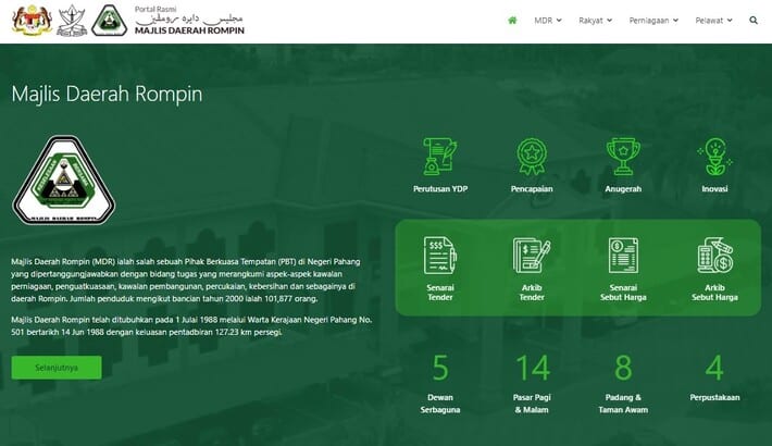 Tangkapan skrin laman web rasmi (portal rasmi)Majlis Daerah Rompin, menunjukkan halaman utama dengan pautan navigasi, logo majlis, pengenalan ringkas dan ikon untuk perkhidmatan seperti 'Senarai Tender' dan 'Anugerah'
