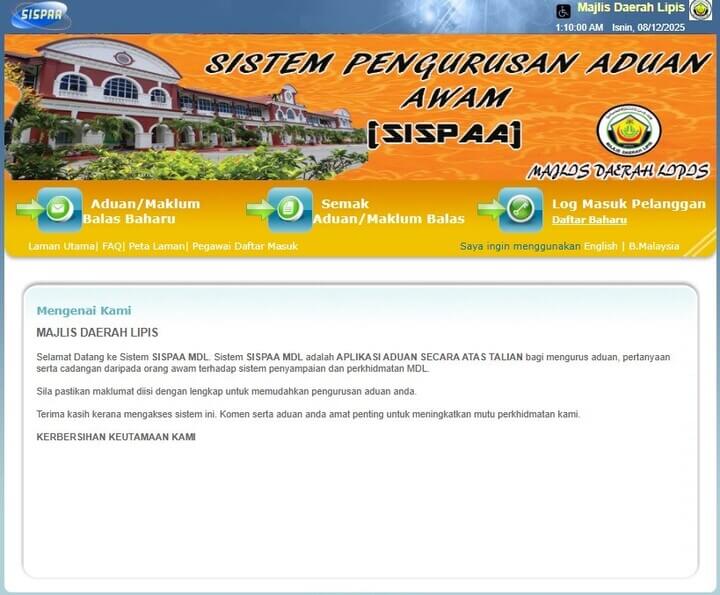 Tangkapan skrin antara muka laman web Majlis Daerah Lipis SISPAA (Sistem Pengurusan Aduan Awam), menunjukkan nama sistem dalam teks besar, butang navigasi dan imej bangunan Majlis. Teks Bahasa Melayu ini menerangkan sistem pengurusan aduan dan cadangan awam