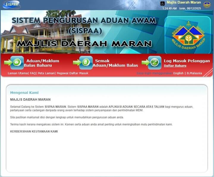 Tangkapan skrin laman web SISPAA (Sistem Pengurusan Aduan Awam) untuk Majlis Daerah Maran, menunjukkan halaman utama dengan pautan navigasi untuk membuat aduan baharu, menyemak status aduan dan log masuk pelanggan, bersama-sama dengan mesej alu-aluan dalam bahasa Melayu