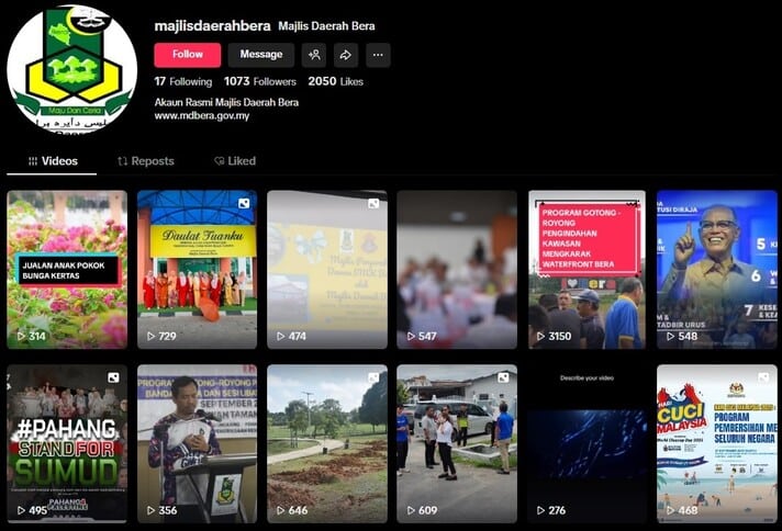 Tangkapan skrin profil TikTok rasmi Majlis Daerah Bera, menunjukkan pengepala profil mereka dan grid video terbaharu mereka. Profil ini mempunyai 17 video, 1,073 pengikut dan 2,050 suka. Klip video tersebut mengandungi klip acara diraja, aktiviti sosial seperti gotong royong, dan program tempatan