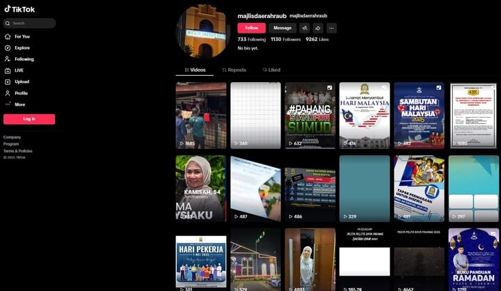 Tangkapan skrin profil TikTok "majlisdaerahraub", menunjukkan foto profil, bio ("Belum ada bio"), 733 Following, 1130 Followers, dan 9262 suka. Tab 'Video' dipilih, memaparkan grid lakaran kecil video terbaharu yang berkaitan dengan aktiviti majlis, pengumuman perkhidmatan awam (seperti "Pahang Stands For Sumud") dan perayaan kebangsaan (seperti "Sambutan Hari Malaysia 2025")
