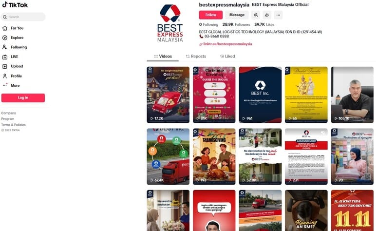 Tangkapan skrin profil TikTok untuk BEST Express Malaysia Official. Halaman ini menampilkan logo syarikat dan butiran profil, termasuk 28.9K pengikut dan 39.7K suka. Di bawah pengepala ialah grid video yang mempamerkan pelbagai siaran promosi, termasuk kandungan bertemakan percutian, pengumuman perkhidmatan mengenai hujan lebat dan banjir, dan iklan berkaitan logistik