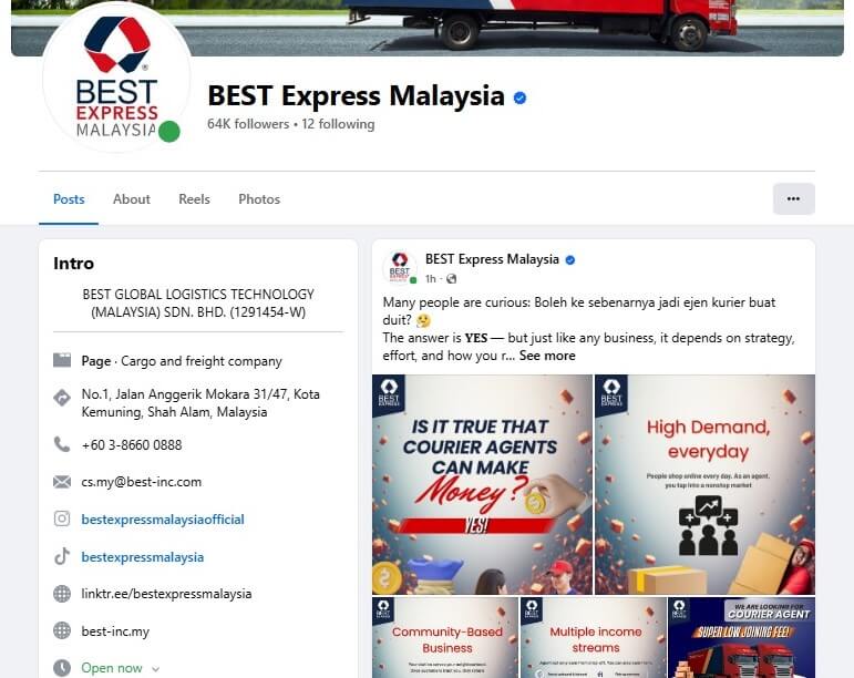 Tangkapan skrin bagi BEST Express Malaysia pengepala halaman Facebook dan bahagian pengenalan. Ia menunjukkan nama profil yang disahkan dengan 64K pengikut. Bar sisi pengenalan menyenaraikan maklumat hubungan, termasuk alamat di Shah Alam, nombor telefon dan pautan ke tapak web mereka