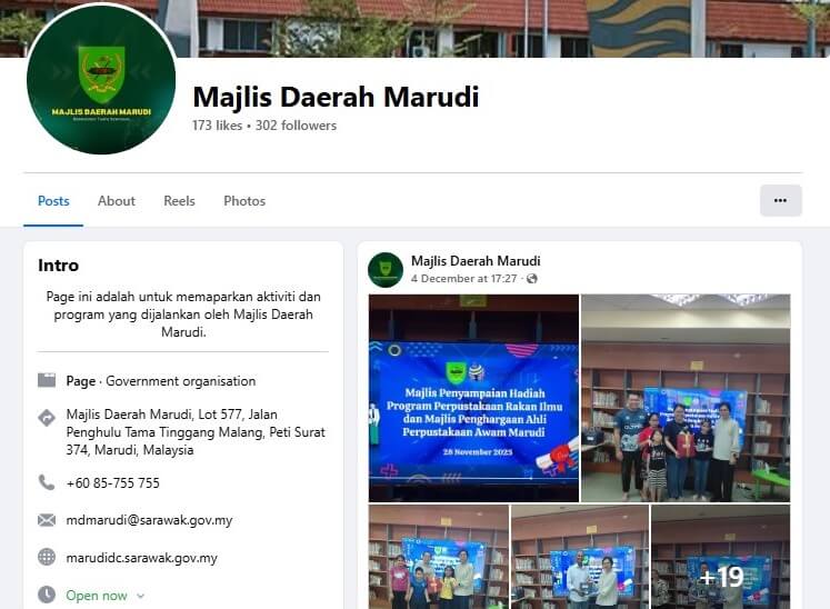 Tangkapan skrin laman Facebook Majlis Daerah Marudi. Tajuk memaparkan lambang dan nama hijau majlis, menunjukkan 173 suka dan 302 pengikut. Bahagian "Intro" menyenaraikannya sebagai organisasi kerajaan yang terletak di Lot 577, Jalan Penghulu Tama Tinggang Malang, Marudi, dengan butiran perhubungan disediakan
