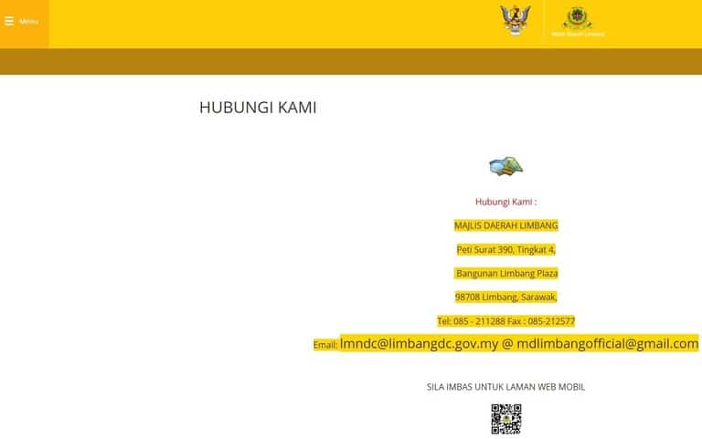 Halaman "Hubungi Kami" di laman web Majlis Daerah Limbang yang memaparkan pengepala kuning, logo organisasi, dan butiran hubungan termasuk alamat surat-menyurat di Plaza Limbang, nombor telefon dan dua alamat e-mel