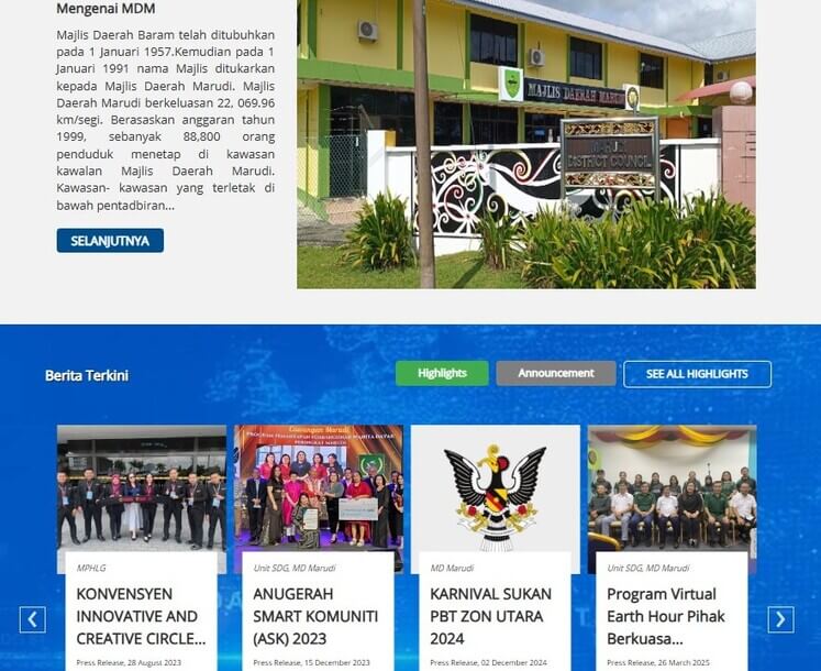 Tangkapan skrin laman web rasmi Majlis Daerah Marudi (MDM). Bahagian atas memaparkan perihalan "Mengenai MDM" dalam bahasa Melayu bersama foto bangunan pejabat kuning dan hijau majlis itu. Bahagian bawah, bertajuk "Berita Terkini", memaparkan karusel empat kad berita dengan imej dan tajuk yang berkaitan dengan anugerah tempatan, karnival sukan dan program komuniti