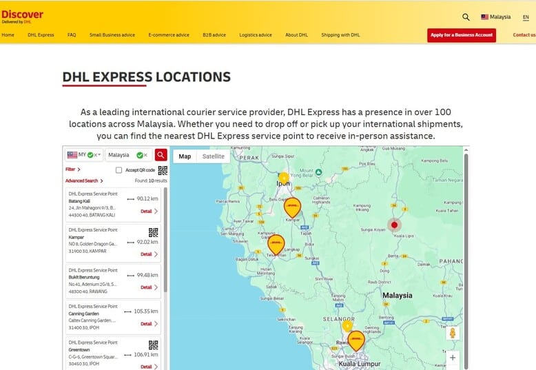 Tangkapan skrin laman web DHL Express Malaysia menunjukkan halaman carian "Locations". Ia menampilkan peta interaktif Semenanjung Malaysia dengan beberapa pin lokasi kuning dan merah, bersama bar sisi yang menyenaraikan titik perkhidmatan khusus di Batang Kali, Kampar, Bukit Beruntung dan Ipoh