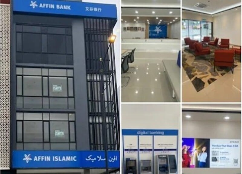 Kolaj yang mempamerkan Affin Bank dan cawangan Affin Islamic di Langkawi, menampilkan papan tanda luaran bangunan, kaunter perkhidmatan moden, ruang menunggu yang selesa dengan kerusi merah dan kawasan kios perbankan digital