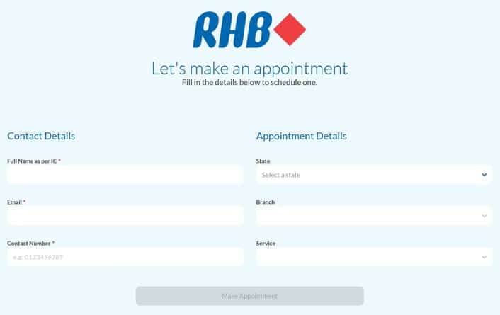 Borang dalam talian untuk membuat temu janji dengan RHB Bank