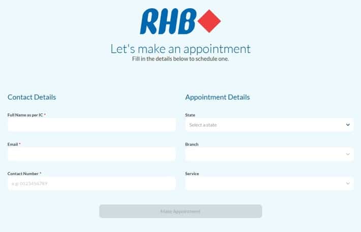Borang temujanji untuk bertemu dengan RHB Bank