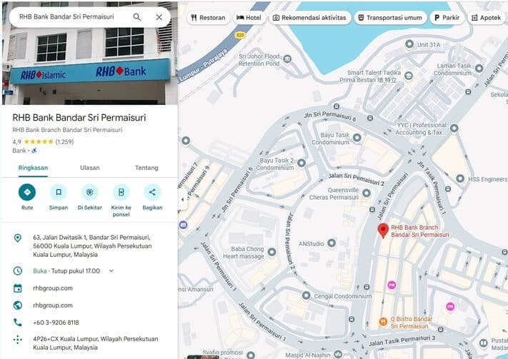 Map View to RHB Bank Bandar Sri Permaisuri via Google Maps Application